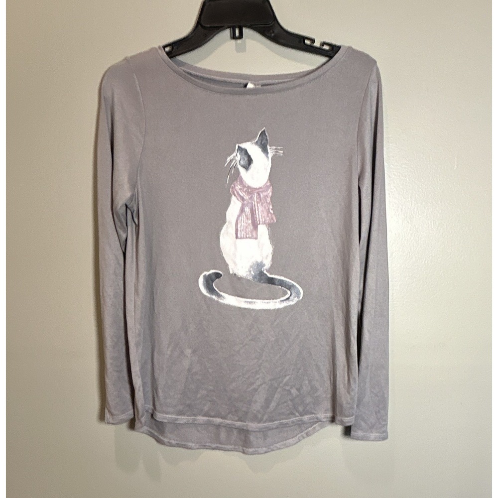 HUE Women's Gray Boat Neck Long Sleeve Knit Cat Graphic T-Shirt Size M